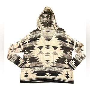 American Eagle Outfitters Baja Hooded V-Neck Tan Aztec Sweater Hoodie Medium